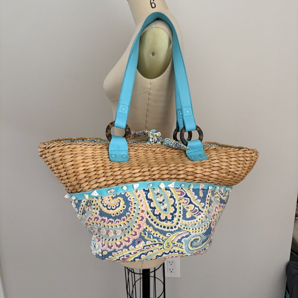 Vera Bradley Capri Blue Paisley Woven Straw Shell Beach Coastal Cottagecore Tote - Picture 2 of 9